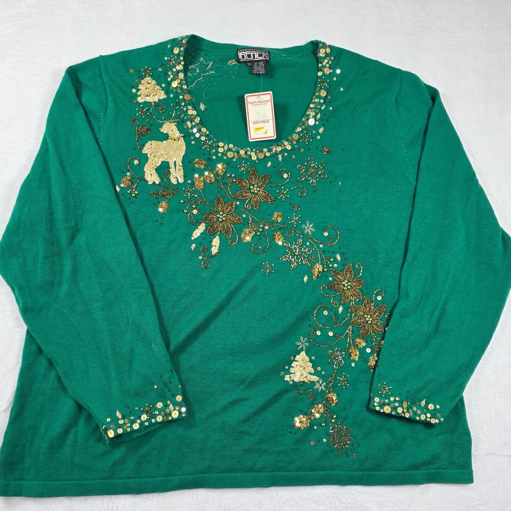 Vintage Berek‎ Christmas Sweater Green 3X Beaded Sequin Deer Tree Y2K NWT